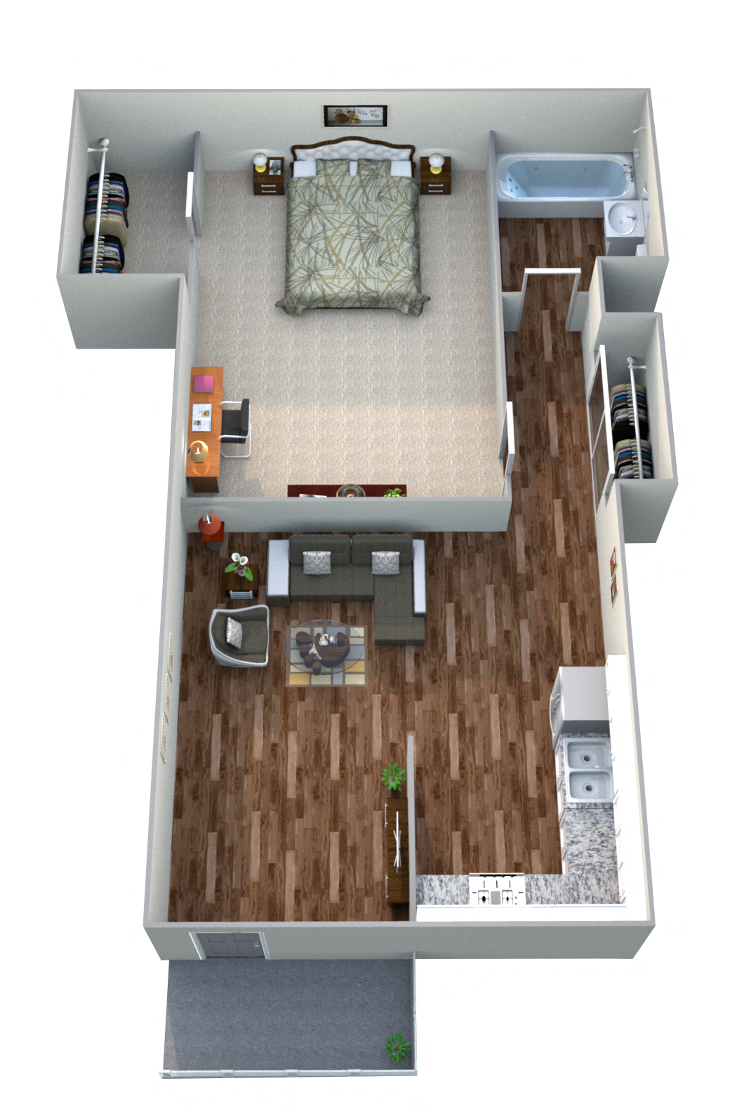 Floor plan for 1 bed, 1 bath, 665 sqft